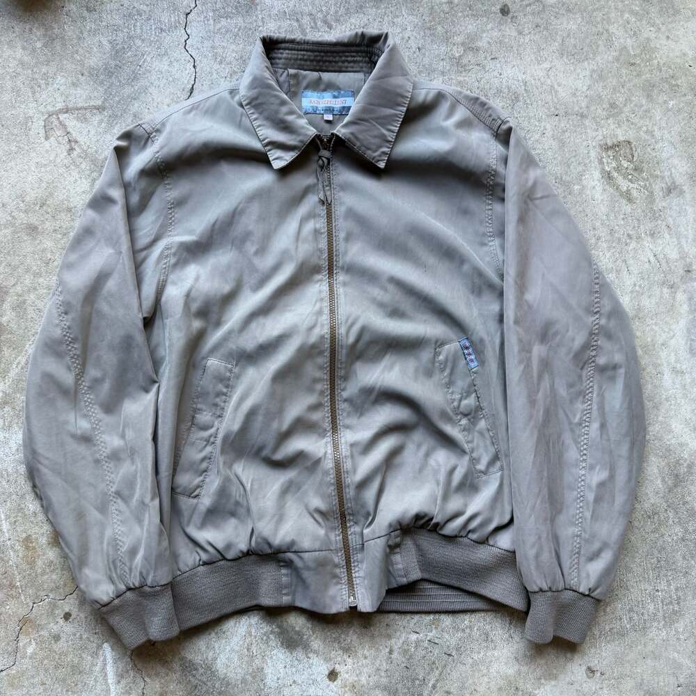 Vintage Rain Repellent Men's Light Gray Full-Zip Bomber Jacket, Size L